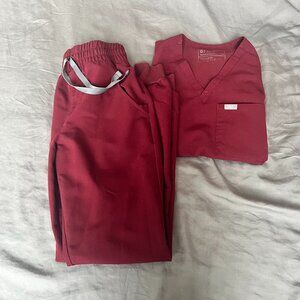 Figs Burgundy Catarina Scrub Top & High Waisted Zamora Joggers (XXS)